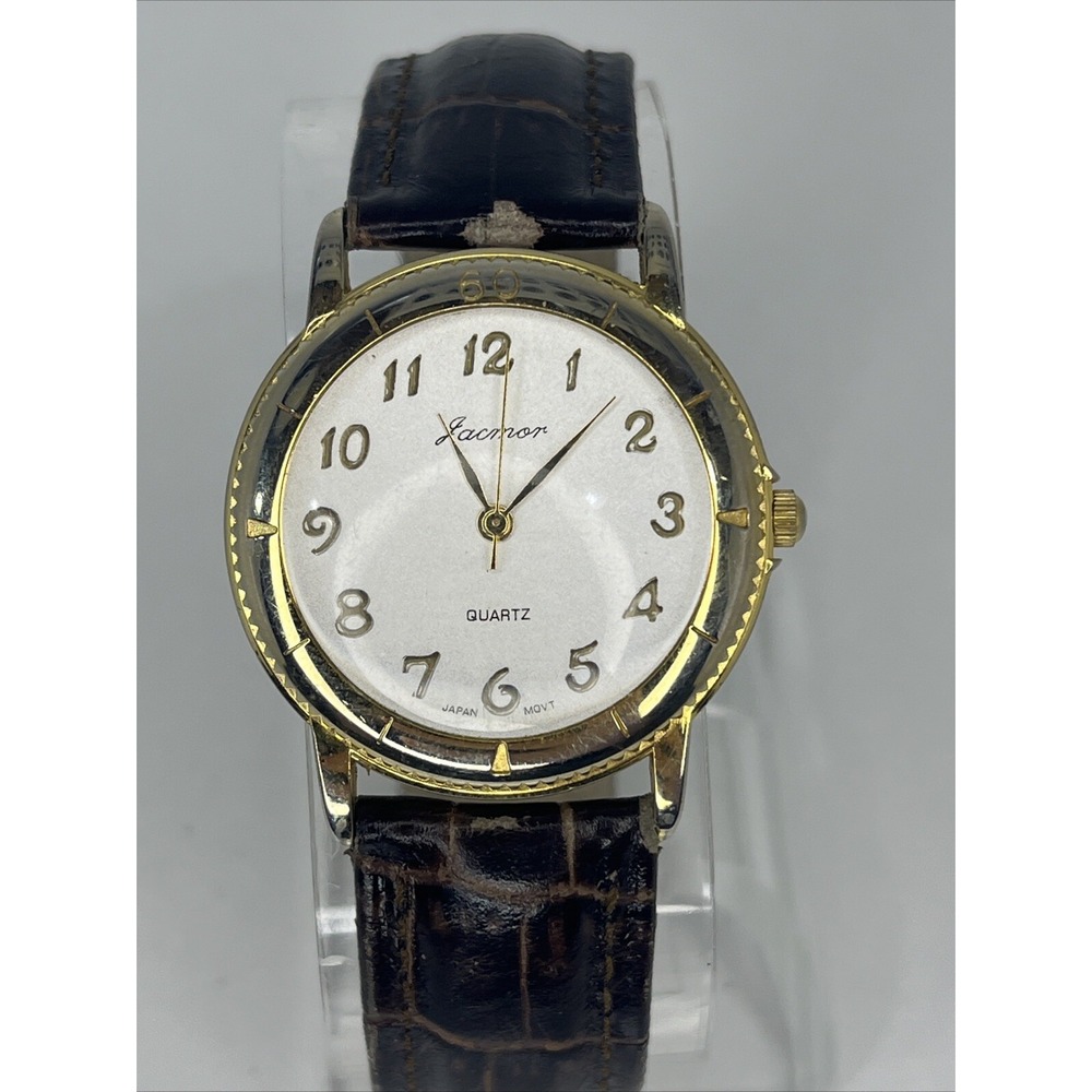 Jacmor Women's Quartz Watch Gold 33mm Case Brown Leather Band- New Battery
